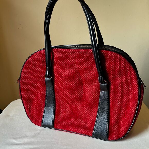 Vintage 70s Red Tweed Structured Mod Handbag Black Vinyl Trim Brass‎ Zipper - Picture 2 of 9